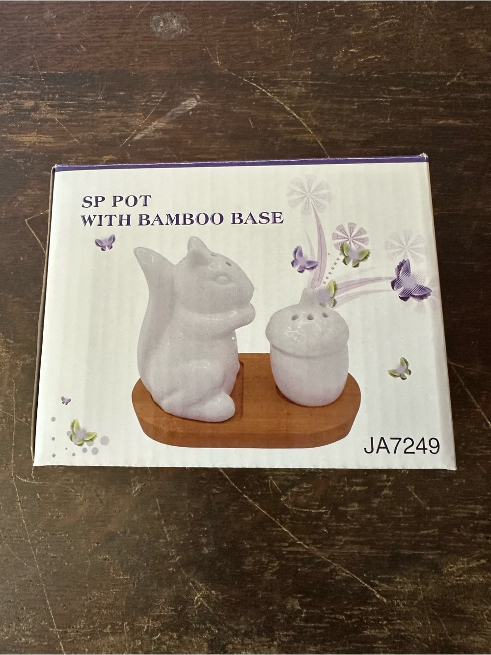 White Ceramic Squirrel Acorn Salt & Pepper Set with Bamboo Tray